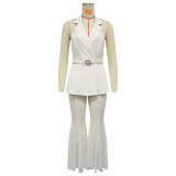 Halter Backless Sleeveless Blazer with Belt and Lace Flare Pants Two Piece Set