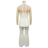 Halter Backless Sleeveless Blazer with Belt and Lace Flare Pants Two Piece Set