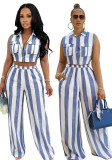 Striped Sleeveless Button Turndown Collar Shirt & High Waist Wide Leg Pants Two Piece Set