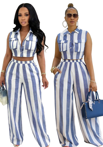 Striped Sleeveless Button Turndown Collar Shirt & High Waist Wide Leg Pants Two Piece Set