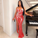 Rhinestone Sexy Strap Maxi Evening Dress