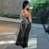 Rhinestone Sexy Strap Maxi Evening Dress