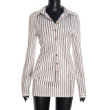 Fashion Two Piece Set Striped Long Sleeve Turndown Collar Shirt Top Bodycon Short Skirt