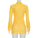 Fashion Two Piece Set Striped Long Sleeve Turndown Collar Shirt Top Bodycon Short Skirt