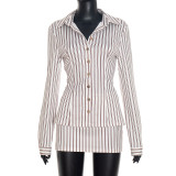 Fashion Two Piece Set Striped Long Sleeve Turndown Collar Shirt Top Bodycon Short Skirt