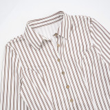 Fashion Two Piece Set Striped Long Sleeve Turndown Collar Shirt Top Bodycon Short Skirt