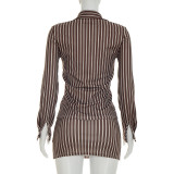 Fashion Two Piece Set Striped Long Sleeve Turndown Collar Shirt Top Bodycon Short Skirt