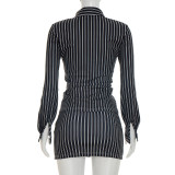 Fashion Two Piece Set Striped Long Sleeve Turndown Collar Shirt Top Bodycon Short Skirt