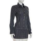 Fashion Two Piece Set Striped Long Sleeve Turndown Collar Shirt Top Bodycon Short Skirt