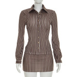 Fashion Two Piece Set Striped Long Sleeve Turndown Collar Shirt Top Bodycon Short Skirt