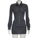 Fashion Two Piece Set Striped Long Sleeve Turndown Collar Shirt Top Bodycon Short Skirt