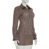 Fashion Two Piece Set Striped Long Sleeve Turndown Collar Shirt Top Bodycon Short Skirt