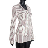 Fashion Two Piece Set Striped Long Sleeve Turndown Collar Shirt Top Bodycon Short Skirt