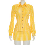 Fashion Two Piece Set Striped Long Sleeve Turndown Collar Shirt Top Bodycon Short Skirt