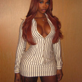 Fashion Two Piece Set Striped Long Sleeve Turndown Collar Shirt Top Bodycon Short Skirt