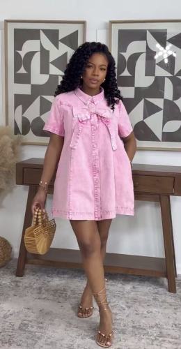 Denim Bow Loose A-Line Short Dress