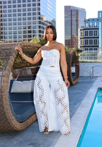 Hollow Out Strapless Top and Wide Leg Pants Set