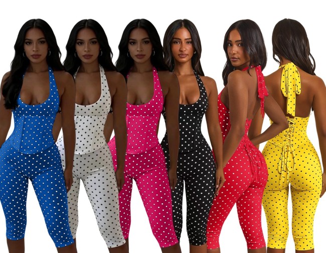 Polka Dot Halter Low Back Top and Capri Two Piece Set