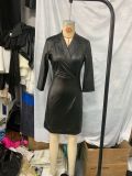 Black PU-Leather V-Neck Sexy 3/4 Sleeve Midi Dress