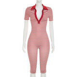 Striped Printed Turn Down Collar Short Sleeve Slim Romper