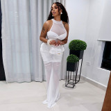 Solid Sleeveless Ruched Mesh Patchwork Maxi Evening Dress