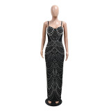 Sexy Strap Rhinestone Beaded Long Evening Dress
