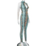 Keyhole Print Snakeskin Sleeveless Tight Jumpsuit