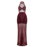 Solid Sleeveless Ruched Mesh Patchwork Maxi Evening Dress