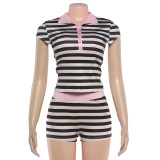 Striped Short Sleeve Turn Down Collar Top and Shorts Two Piece Set