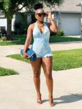 Stylish V-Neck Halter Low Back Slim Printed Romper