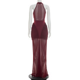 Solid Sleeveless Ruched Mesh Patchwork Maxi Evening Dress