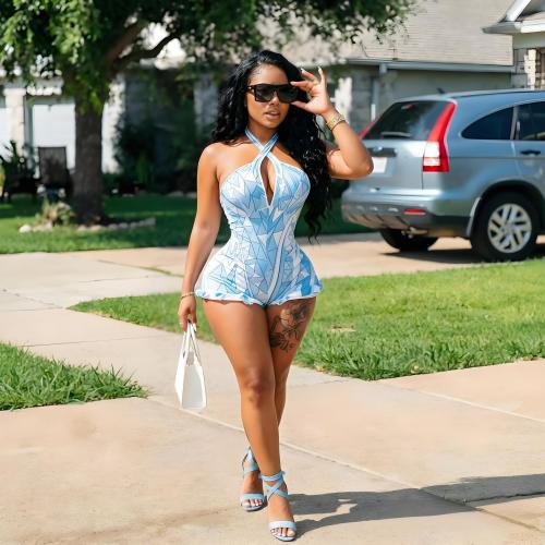 Stylish V-Neck Halter Low Back Slim Printed Romper