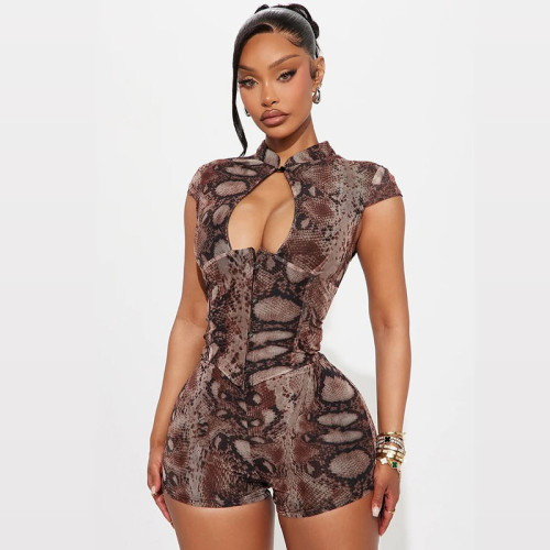 Sexy Snakeskin Print Cap Sleeve Keyhole Tight Romper