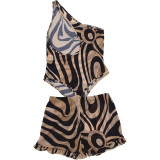 Printed Slash Shoulder Bodysuit and Ruffle Shorts Two Piece Set