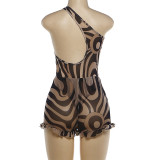 Printed Slash Shoulder Bodysuit and Ruffle Shorts Two Piece Set