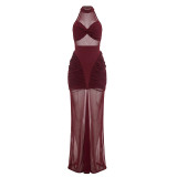 Solid Sleeveless Ruched Mesh Patchwork Maxi Evening Dress