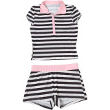 Striped Short Sleeve Turn Down Collar Top and Shorts Two Piece Set