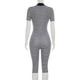 Striped Printed Turn Down Collar Short Sleeve Slim Romper
