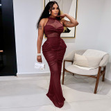 Solid Sleeveless Ruched Mesh Patchwork Maxi Evening Dress