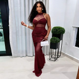 Solid Sleeveless Ruched Mesh Patchwork Maxi Evening Dress