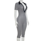 Striped Printed Turn Down Collar Short Sleeve Slim Romper