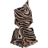 Printed Slash Shoulder Bodysuit and Ruffle Shorts Two Piece Set