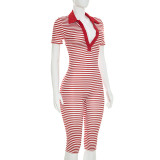 Striped Printed Turn Down Collar Short Sleeve Slim Romper