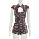 Sexy Snakeskin Print Cap Sleeve Keyhole Tight Romper