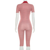 Striped Printed Turn Down Collar Short Sleeve Slim Romper