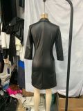Black PU-Leather V-Neck Sexy 3/4 Sleeve Midi Dress