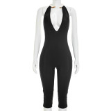 Solid Deep-V Neck Backless Tight Romper