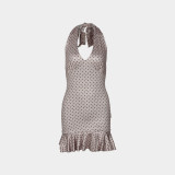 Polka Dot Deep-V Neck Ruffle Bodycon Dress