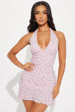 Polka Dot Deep-V Neck Ruffle Bodycon Dress