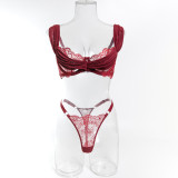 Burgundy Embroidered Hollowed-Out Bra See-Through Pantie Lingerie Set